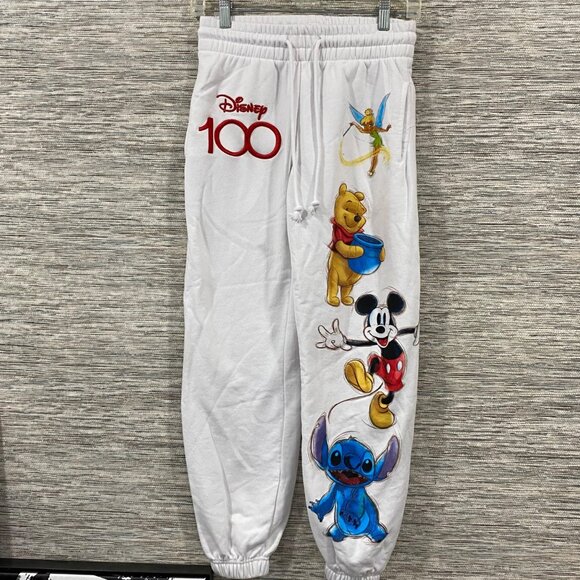 Disney 100 White Sweatpants Featuring Mickey Stitch Pooh & Tinker Bell XS Cotton - Picture 1 of 6